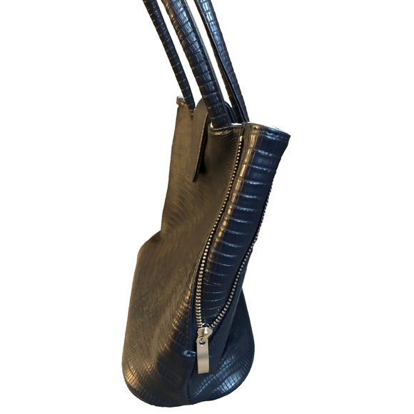 Navy Blue Crocodile Accent Two Handled Leather Purse Geir Ness Norway Laila - Picture 4 of 9